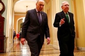 U.S. Senate Minority Leader Chuck Schumer (D-NY) and U.S. Senate Majority Leader Mitch McConnell (R-KY) walk to the Senate chamber on Capitol Hill in Washington, D.C., U.S., February 7, 2018. REUTERS/Eric Thayer?