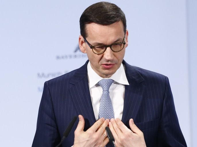 Poland's Prime Minister Mateusz Morawiecki talks at the Munich Security Conference in Munich, Germany, February 17, 2018. REUTERS/Michaela Rehle