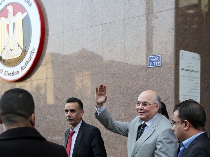 Ghad party chairperson Mousa Mostafa Mousa waves to media members as he leaves the National Election Authority, which is in charge of supervising the 2018 presidential election, in Cairo, Egypt January 29, 2018. REUTERS/Mohamed Abd El Ghany