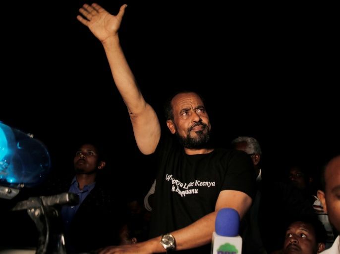 Bekele Gerba, secretary general of the Oromo Federalist Congress (OFC), waves to his supporters during the celebration after his release from prison in Adama town of Oromia region, Ethiopia February 13, 2018. Picture taken February 13, 2018. REUTERS/Tiksa Negeri