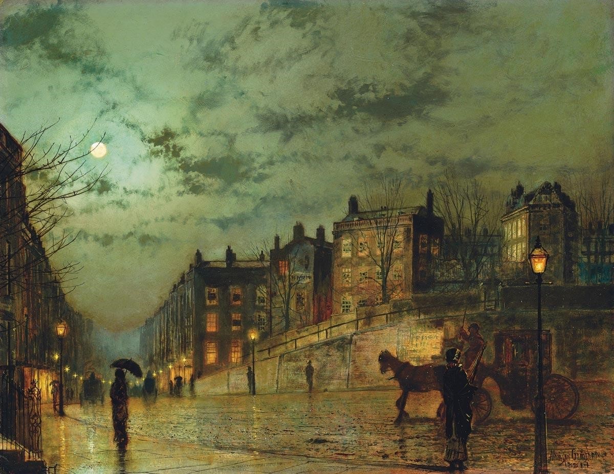 جون غريماشو 1881، لوحة تصور المدينة في الليل تحت ضوء القمر (مواقع التواصل)