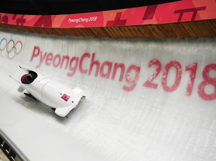 PYEONGCHANG-GUN, SOUTH KOREA - FEBRUARY 21: Nadezhda Sergeeva and Anastasia Kocherzhova of Olympic Athlete from Russia slide during the Women's Bobsleigh heats on day twelve of the PyeongChang 2018 Winter Olympic Games at the Olympic Sliding Centre on February 21, 2018 in Pyeongchang-gun, South Korea. (Photo by Quinn Rooney/Getty Images)