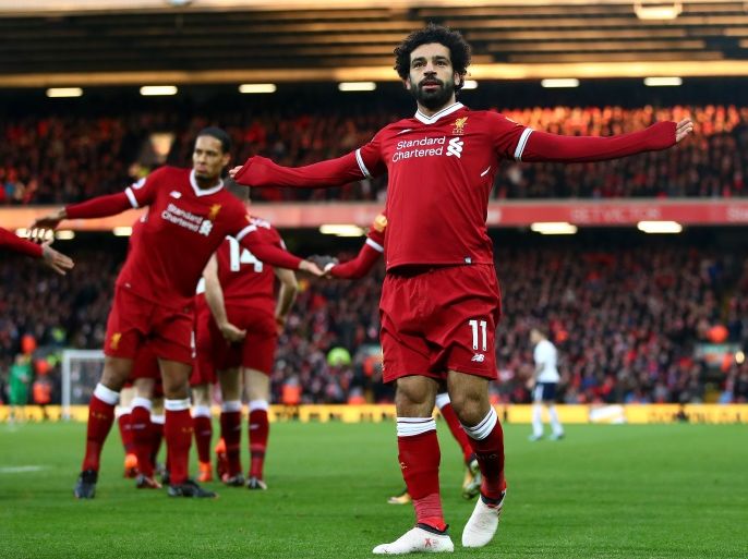 LIVERPOOL, ENGLAND - FEBRUARY 04: Mohamed Salah of Liverpool celebrates after scoring his sides first goal during the Premier League match between Liverpool and Tottenham Hotspur at Anfield on February 4, 2018 in Liverpool, England. (Photo by Clive Brunskill/Getty Images)