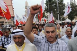 epa06549195 (FILE) - Bahrain activist Nabeel Rajab (R) takes part in a march in Bilad Al-Qadeem village, a suburb of the Bahraini capital Manama, 01 April 2012 (reissued 21 February 2018). Reports on 21 February 2018 state activist Nabeel Rajab was sentenced to five years in prison over tweets criticizing the government. EPA-EFE/MAZEN MAHDI