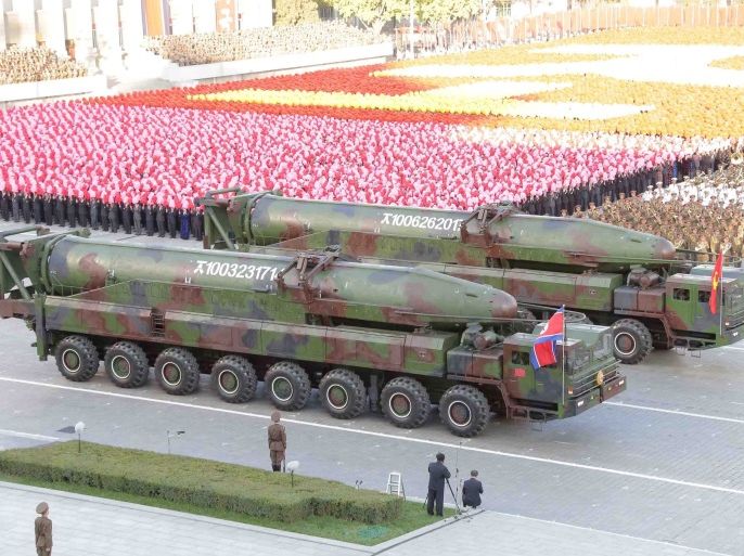 North Korean military participate in the celebration of the 70th anniversary of the founding of the ruling Workers' Party of Korea, in this undated photo released by North Korea's Korean Central News Agency (KCNA) in Pyongyang on October 12, 2015. Isolated North Korea marked the 70th anniversary of its ruling Workers' Party on Saturday with a massive military parade overseen by leader Kim Jong Un, who said his country was ready to fight any war waged by the United States. REUTERS/KCNA â€¨â€¨ATTENTION EDITORS - THIS PICTURE WAS PROVIDED BY A THIRD PARTY. REUTERS IS UNABLE TO INDEPENDENTLY VERIFY THE AUTHENTICITY, CONTENT, LOCATION OR DATE OF THIS IMAGE. FOR EDITORIAL USE ONLY. NOT FOR SALE FOR MARKETING OR ADVERTISING CAMPAIGNS. NO THIRD PARTY SALES. THIS PICTURE IS DISTRIBUTED EXACTLY AS RECEIVED BY REUTERS, AS A SERVICE TO CLIENTS. SOUTH KOREA OUT. NO COMMERCIAL OR EDITORIAL SALES IN SOUTH KOREA.