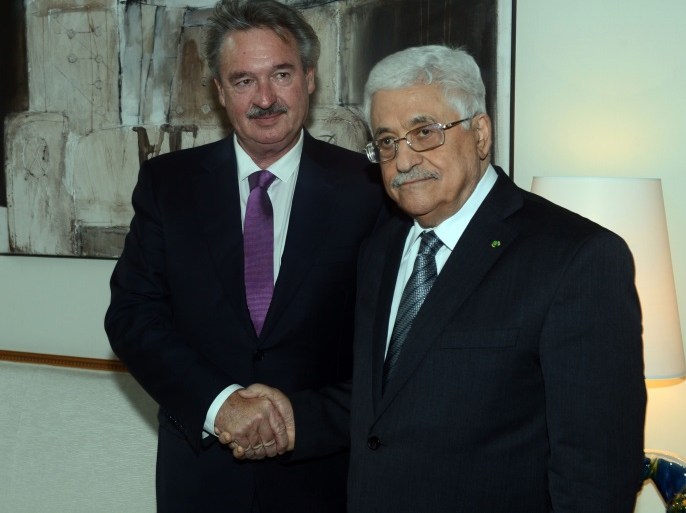 LUXEMBOURG - FEBRUARY 13: In this handout photo provided by the Palestinian Press Office (PPO), Palestinian President Mahmoud Abbas (R) meets with Foreign Affairs and Minister of the Grand Duchy of Luxembourg, Jean Asselborn on February 13, 2015 in Luxembourg. (Photo by Thaer Ghanaim/PPO via Getty Images)