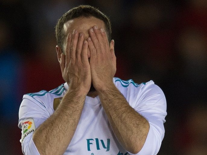 SORIA, SPAIN - JANUARY 04: Dani Carvajal of Real Madrid reacts during the Copa del Rey match between Numancia and Real Madrid at Nuevo Estadio Los Pajarito on January 4, 2018 in Soria, Spain. (Photo by Denis Doyle/Getty Images)