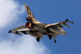 An Israeli F16 fighter jet takes off during a joint international aerial training exercise hosted by Israel and dubbed