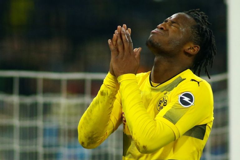 Soccer Football - Bundesliga - Borussia Moenchengladbach vs Borussia Dortmund - Borussia-Park, Moenchengladbach, Germany - February 18, 2018 Borussia Dortmund’s Michy Batshuayi reacts REUTERS/Thilo Schmuelgen DFL RULES TO LIMIT THE ONLINE USAGE DURING MATCH TIME TO 15 PICTURES PER GAME. IMAGE SEQUENCES TO SIMULATE VIDEO IS NOT ALLOWED AT ANY TIME. FOR FURTHER QUERIES PLEASE CONTACT DFL DIRECTLY AT + 49 69 650050