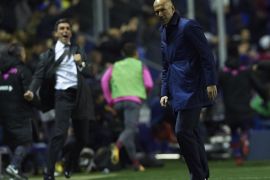 VALENCIA, SPAIN - FEBRUARY 03: Zinedine Zidane, Manager of Real Madrid reacts during the La Liga match between Levante and Real Madrid at Ciutat de Valencia on February 3, 2018 in Valencia, Spain. (Photo by Manuel Queimadelos Alonso/Getty Images)