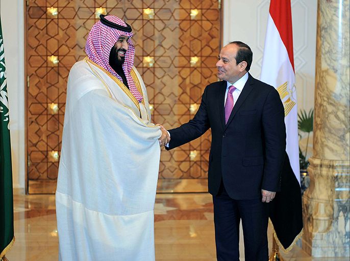 epa06579775 A handout photo made by the Egyptian Presidency shows Egyptian President Abdel Fattah al-Sisi (R) welcoming Saudi Crown Prince Mohammad Bin Salman (L) at the Presidential Palace, Cairo, Egypt, 04 March 2018. Mohammad bin Salman is on a three-days official visit to Egypt. EPA-EFE/EGYPTIAN PRESIDENCY HANDOUT HANDOUT EDITORIAL USE ONLY/NO SALES