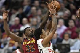 Mar 21, 2018; Cleveland, OH, USA; Cleveland Cavaliers forward Jeff Green (32) blocks a shot attempt by Toronto Raptors guard DeMar DeRozan (10) in the fourth quarter at Quicken Loans Arena. Mandatory Credit: David Richard-USA TODAY Sports