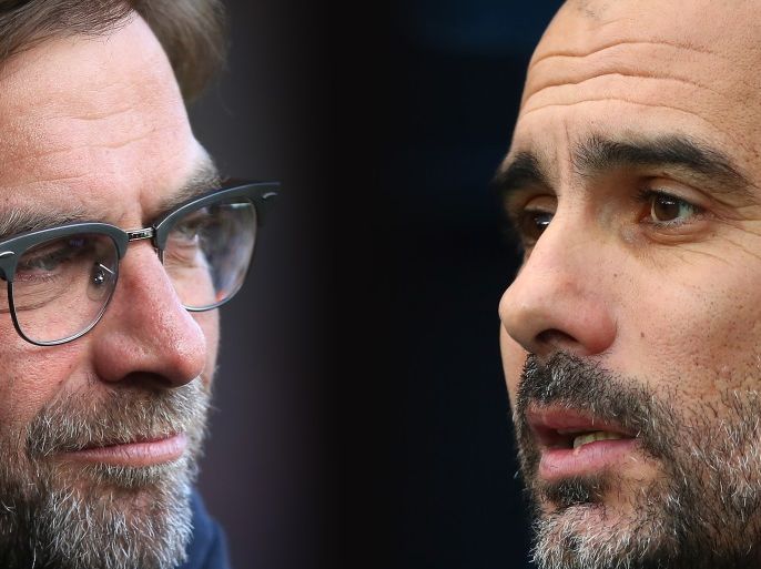 FILE PHOTO (EDITORS NOTE: GRADIENT ADDED - COMPOSITE OF TWO IMAGES - Image numbers (L) 531578890 and 899524772) In this composite image a comparison has been made between Jurgen Klopp, Manager of Liverpool (L) and Manchester City manager Josep Guardiola. Liverpool and Manchester City have been drawn together in the Champions League Quarter Finals of the 2017/18 season. ***LEFT IMAGE*** WEST BROMWICH, ENGLAND - MAY 15: Jurgen Klopp, manager of Liverpool looks on during the Barclays Premier League match between West Bromwich Albion and Liverpool at The Hawthorns on May 15, 2016 in West Bromwich, England. (Photo by Ben Hoskins/Getty Images) ***RIGHT IMAGE*** MANCHESTER, ENGLAND - DECEMBER 23: Manchester City manager Josep Guardiola looks on during the Premier League match between Manchester City and AFC Bournemouth at Etihad Stadium on December 23, 2017 in Manchester, England. (Photo by Clive Brunskill/Getty Images)