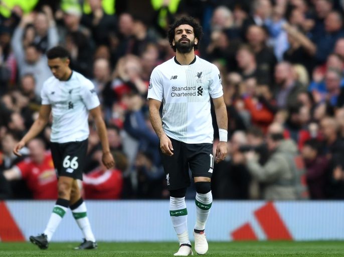 MANCHESTER, ENGLAND - MARCH 10: Mohamed Salah of Liverpool reacts following Manchester United's second goal during the Premier League match between Manchester United and Liverpool at Old Trafford on March 10, 2018 in Manchester, England. (Photo by Michael Regan/Getty Images)