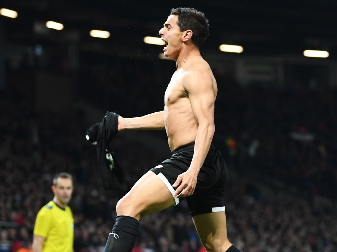 MANCHESTER, ENGLAND - MARCH 13: Wissam Ben Yedder of Sevilla celebrates as he scores their second goal during the UEFA Champions League Round of 16 Second Leg match between Manchester United and Sevilla FC at Old Trafford on March 13, 2018 in Manchester, United Kingdom. (Photo by Michael Regan/Getty Images)