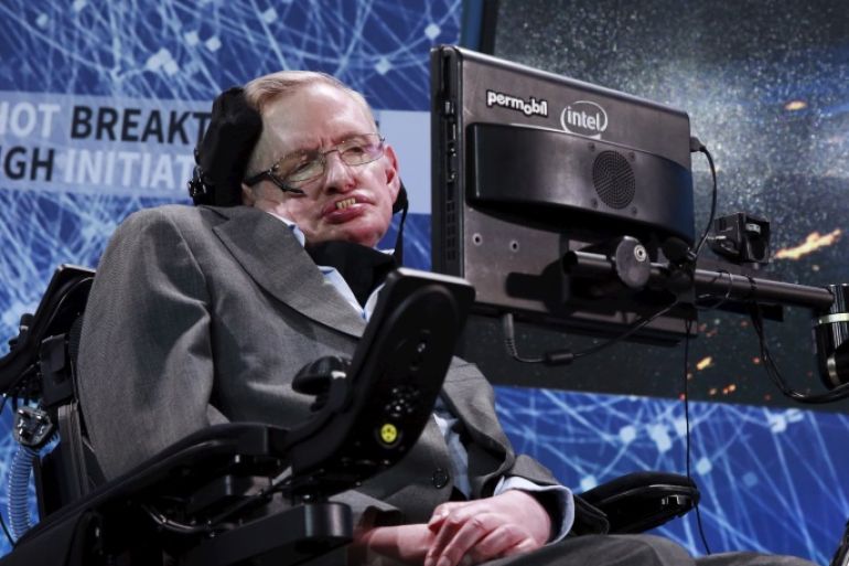 Physicist Stephen Hawking sits on stage during an announcement of the Breakthrough Starshot initiative with investor Yuri Milner in New York April 12, 2016. REUTERS/Lucas Jackson