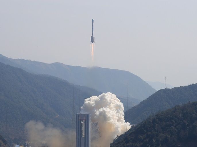 Two BeiDou navigation satellites via a single carrier rocket take off at the Xichang Satellite Launch Center, Sichuan province, China February 12, 2018. Picture taken February 12, 2018. REUTERS/Stringer ATTENTION EDITORS - THIS IMAGE WAS PROVIDED BY A THIRD PARTY. CHINA OUT.