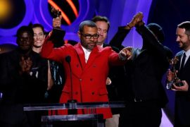 2018 Film Independent Spirit Awards - Show - Santa Monica, California, U.S., 03/03/2018 - Producer and Director Jordan Peele accepts the Best Feature Award accompanied by the cast of his film