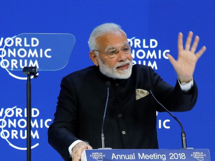 India's Prime Minister Narendra Modi gestures as he speaks at the Opening Plenary during the World Economic Forum (WEF) annual meeting in Davos, Switzerland, January 23, 2018. REUTERS/Denis Balibouse