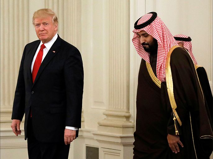 14 March, 2017 U.S. President Donald Trump and Saudi Deputy Crown Prince and Minister of Defense Mohammed bin Salman enter the State Dining Room of the White House in Washington, U.S., March 14, 2017. REUTERS/Kevin Lamarque