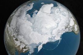An undated NASA illustration shows Arctic sea ice at a record low wintertime maximum extent for the second straight year, according to scientists at the NASA-supported National Snow and Ice Data Center (NSIDC) and NASA. At 5.607 million square miles (14.52 million square kilometers), the Arctic sea ice is the lowest maximum extent in the satellite record, and 431,000 square miles (1,116,284 square kilometers) below the 1981 to 2010 average maximum extent, according to