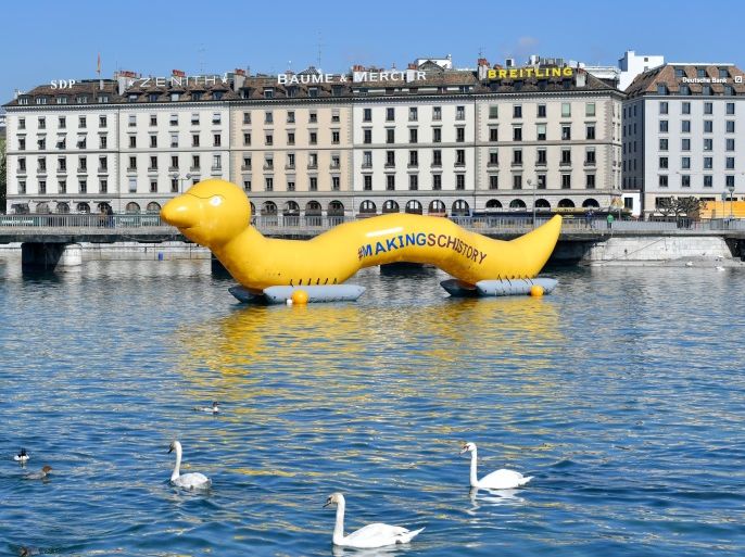 GENEVA, SWITZERLAND - APRIL 17: A giant 25m worm has invaded Lake Geneva for #MakingSchistory representing the parasitic worm of schistosomiasis that causes suffering to millions of people around the world, on April 17, 2017 in Geneva, Switzerland. (Photo by Harold Cunningham/Getty Images for Global Schistosomiasis Alliance/Merck KGaA )