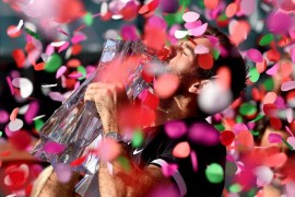 Mar 18, 2018; Indian Wells, CA, USA; Juan Martin Del Potro holds the championship trophy after defeating Roger Federer (not pictured) in the men's finals in the BNP Paribas Open at the Indian Wells Tennis Garden. Mandatory Credit: Jayne Kamin-Oncea-USA TODAY Sports