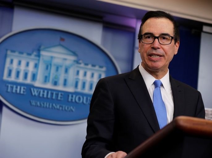 U.S. Treasury Secretary Steven Mnuchin announces on Friday what he said was the largest North Korea-related sanctions in a bid to disrupt North Korean shipping and trading companies and vessels and to further isolate Pyongyang, in the press room at the White House in Washington, U.S. February 23, 2018. REUTERS/Jonathan Ernst