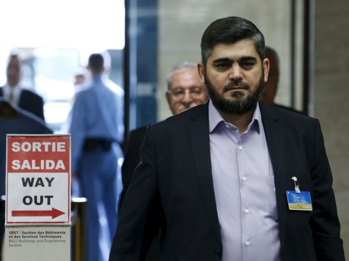 Mohamed Alloush of the Jaysh al Islam arrives with the delegation of the High Negotiations Committee (HNC) for a meeting with U.N. mediator Staffan de Mistura during Syria Peace talks at the United Nations in Geneva, Switzerland, April 13, 2016. REUTERS/Denis Balibouse