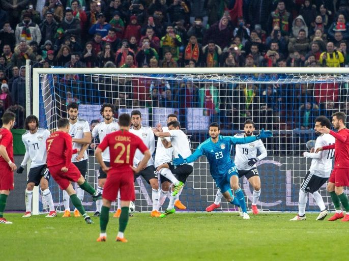 ZURICH, SWITZERLAND - MARCH 23: Free kick by #7 Cristiano Ronaldo of Portugal during the International Friendly between Portugal and Egypt at the Letzigrund Stadium on March 23, 2018 in Zurich, Switzerland. (Photo by Robert Hradil/Getty Images)