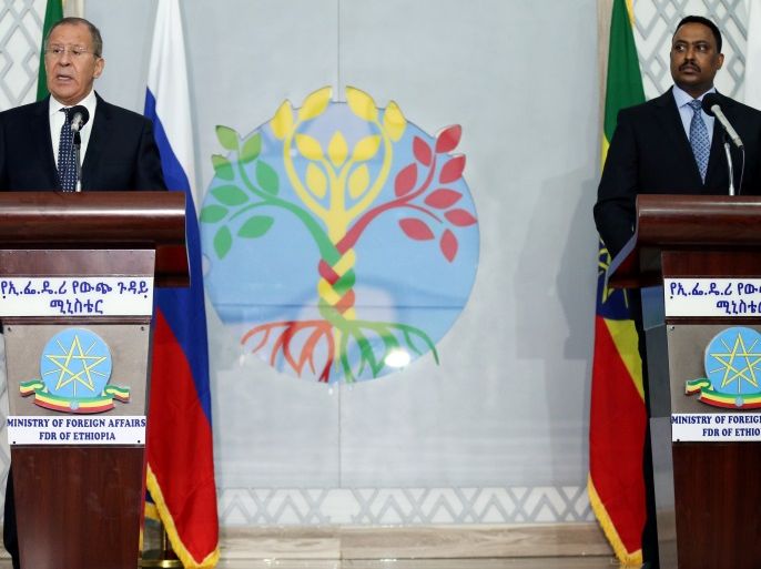 Russian Foreign Minister Sergey Lavrov and Ethiopian Foreign Minister Workneh Gebeyehu address a news conference at the Ministry of Foreign Affairs in Addis Ababa, Ethiopia March 9, 2018. REUTERS/Tiksa Negeri