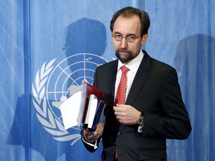 United Nations (U.N.) Human Rights High Commissioner Zeid bin Ra'ad Al Hussein arrives for a media briefing in Geneva, Switzerland, February 1, 2016. Starvation of Syrian civilians is a potential war crime and crime against humanity that should be prosecuted and not covered by any amnesty linked to ending the conflict, Zeid, the top United Nations human rights official said on Monday. REUTERS/Denis Balibouse TPX IMAGES OF THE DAY