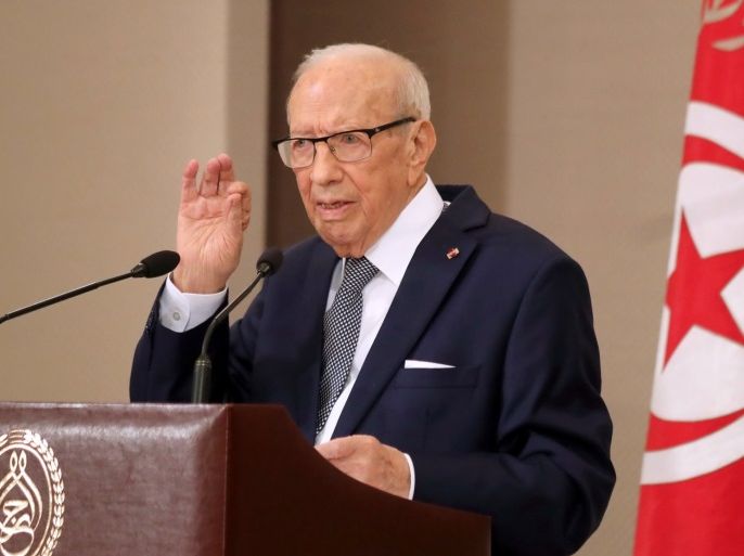 صورة نشرتها الرئاسة التونسية للرئيس الباجي قايد السبسي أثناء إلقائه كلمة خلال احتفال بالذكري الثانية والستين للاستقلال