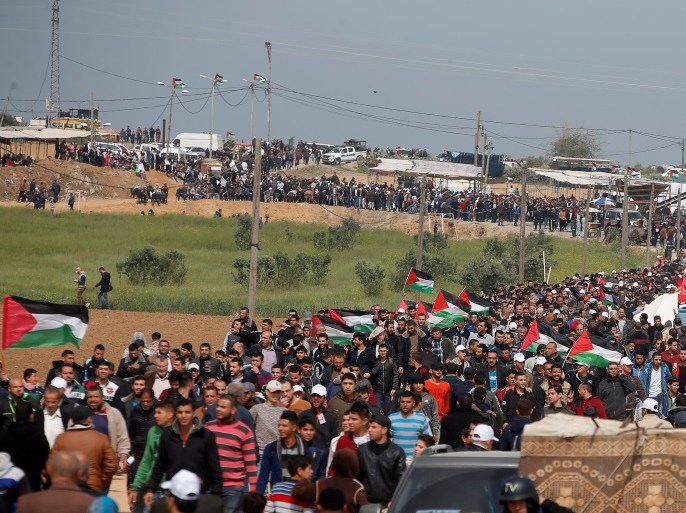 Palestinians attend a tent city protest along the Israel border with Gaza, demanding the right to return to their homeland, east of Gaza City March 30, 2018. REUTERS/Mohammed Salem