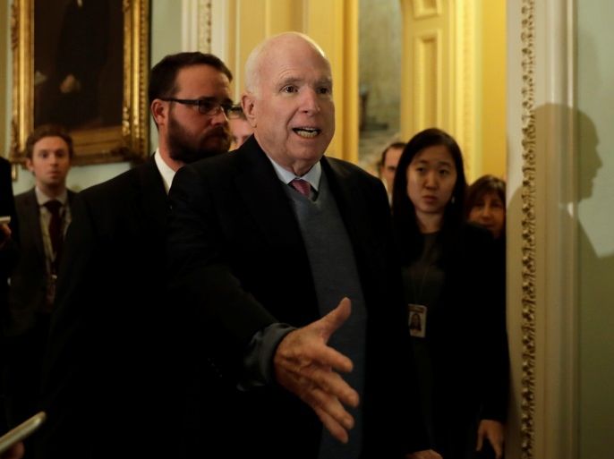 U.S. Senator John McCain (R-AZ) speaks with reporters before of the party luncheons on Capitol Hill in Washington, U.S. November 14, 2017. REUTERS/Yuri Gripas