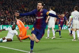 Soccer Football - Champions League Round of 16 Second Leg - FC Barcelona vs Chelsea - Camp Nou, Barcelona, Spain - March 14, 2018 Barcelona’s Lionel Messi celebrates scoring their third goal REUTERS/Albert Gea TPX IMAGES OF THE DAY