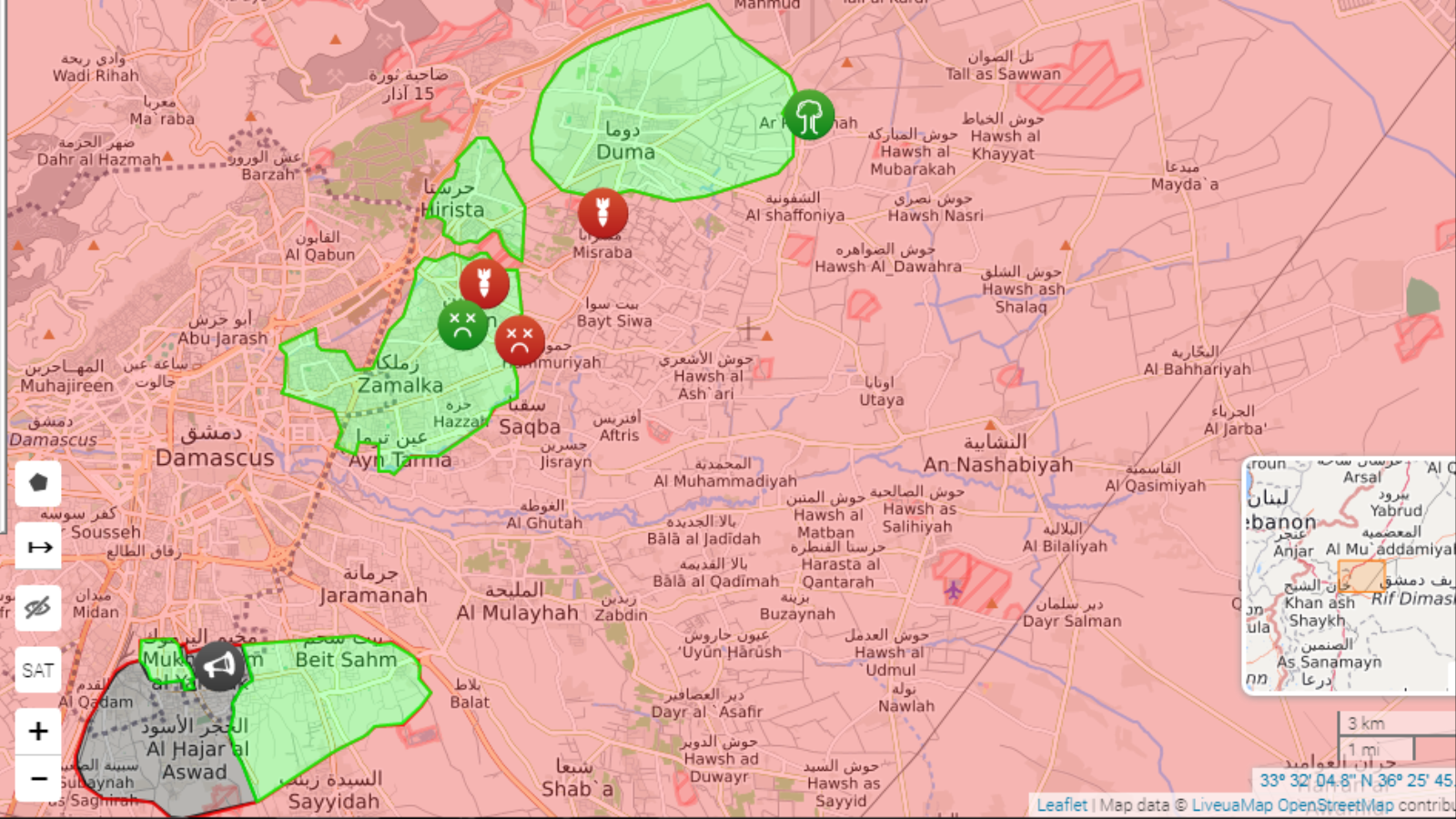 خريطة تظهر بلدة النشابية التي استعادها الأسد والتي بدأ منها رحلته (مواقع التواصل)