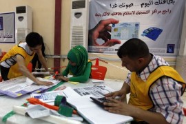 Workers from Iraqi Independent High Electoral Commission (IHEC) count votes at an analysis centre in Baghdad May 3, 2014. Iraq held a democratic vote to choose a leader with no foreign troops present for the first time on Wednesday, as Shi'ite Prime Minister Nuri al-Maliki sought to hold power for a third term in a country again consumed by sectarian bloodshed. The electoral commission said 60 percent of all voters had so far cast a ballot, according to initial data - but returns were not yet in from some areas. Counting may take three weeks. The commission hopes to declare final results by the end of May. REUTERS/Ahmed Saad (IRAQ - Tags: ELECTIONS POLITICS)
