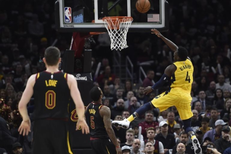 Apr 15, 2018; Cleveland, OH, USA; Indiana Pacers guard Victor Oladipo (4) moves to the basket in the third quarter against the Cleveland Cavaliers in game one of the first round of the 2018 NBA Playoffs at Quicken Loans Arena. Mandatory Credit: David Richard-USA TODAY Sports