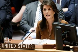 epa06657913 Nikki Haley, the United States' Permanent Representative to the United Nations, addresses an emergency United Nations Security Council meeting in response to a suspected chemical weapons attack in Syria at United Nations headquarters in New York, New York, USA, 09 April 2018. The suspected chemical attack took place over weekend in the Damascus suburb of Douma, killing at least 49 people. EPA-EFE/JUSTIN LANE