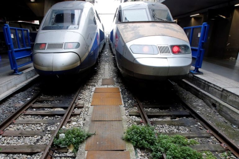 French TGV high speed trains are seen at the Gare Saint-Charles train station in Marseille during a nationwide strike by French SNCF railway workers, France, April 3, 2018. REUTERS/Jean-Paul Pelissier