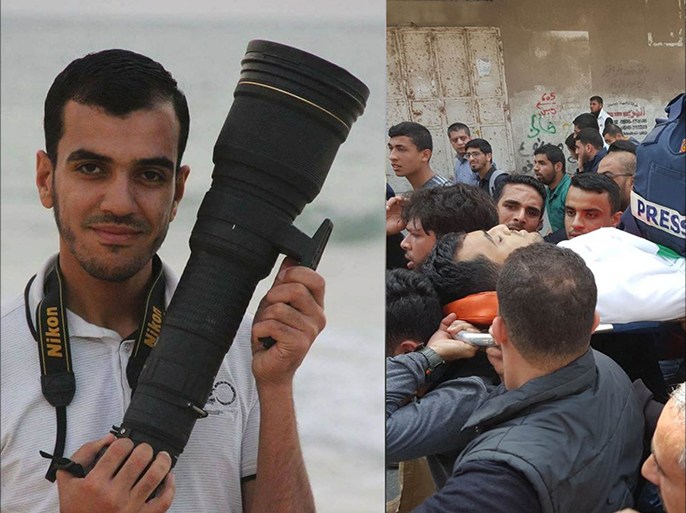 غزة، أبريل 2017، جثمان الشهيد الصحفي ياسر مرتجى خلال مسيرة تشييعه.