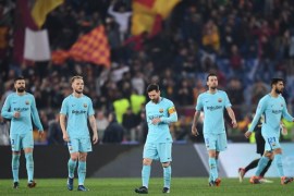 ROME, ITALY - APRIL 10: Lionel Messi and team mates look dejected after Roma's third goal the UEFA Champions League Quarter Final Second Leg match between AS Roma and FC Barcelona at Stadio Olimpico on April 10, 2018 in Rome, Italy. (Photo by Michael Regan/Getty Images)