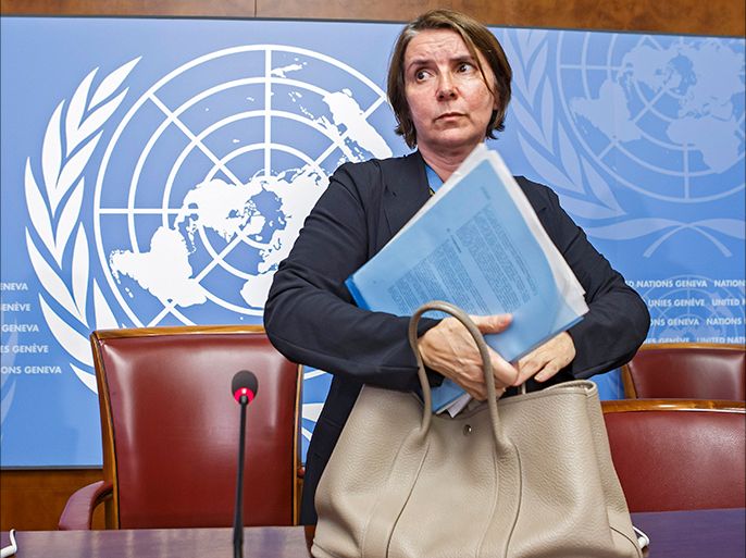 epa06185298 Catherine Marchi-Uhel, head of the International, Impartial and Independent Mechanism (IIIM) on Syria crimes, leaves after a press conference at the European headquarters of the United Nations in Geneva, Switzerland, 05 September 2017. Marchi-Uhel gave her first press conference after she was appointed by UN Secretary General Guterres to document and prosecut the most serious violations of international law in Syria, including possible war crimes and crimes against humanity. EPA-EFE/SALVATORE DI NOLFI