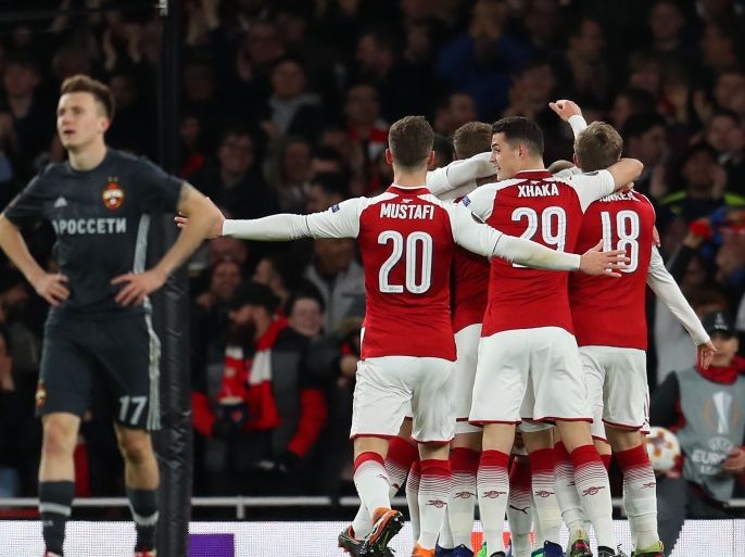 LONDON, ENGLAND - APRIL 05: Aaron Ramsey of Arsenal is congratulated on scoring the opening goal during the UEFA Europa League quarter final leg one match between Arsenal FC and CSKA Moskva at Emirates Stadium on April 5, 2018 in London, United Kingdom. (Photo by Catherine Ivill/Getty Images)