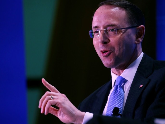 Deputy U.S. Attorney General Rod Rosenstein answers questions during the Financial Services Roundtable spring conference at The Wharf Intercontinental Hotel in Washington, U.S., February 26, 2018. REUTERS/Leah Millis