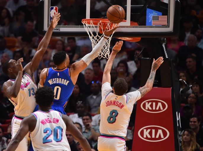 Apr 9, 2018; Miami, FL, USA; Oklahoma City Thunder guard Russell Westbrook (0) shoots the ball against the Miami Heat during the second half at American Airlines Arena. Mandatory Credit: Jasen Vinlove-USA TODAY Sports