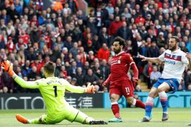 Soccer Football - Premier League - Liverpool v Stoke City - Anfield, Liverpool, Britain - April 28, 2018 Liverpool's Mohamed Salah misses a chance to score Action Images via Reuters/Carl Recine EDITORIAL USE ONLY. No use with unauthorized audio, video, data, fixture lists, club/league logos or
