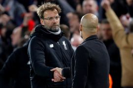 Soccer Football - Champions League Quarter Final First Leg - Liverpool vs Manchester City - Anfield, Liverpool, Britain - April 4, 2018 Liverpool manager Juergen Klopp shakes hands with Manchester City manager Pep Guardiola after the match Action Images via Reuters/Carl Recine