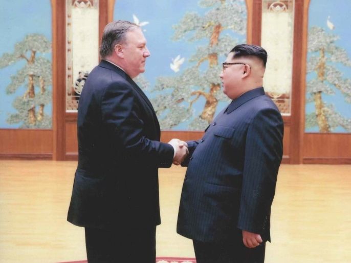 A U.S. government handout photo released by White House Press Secretary Sarah Huckabee Sanders shows U.S. Central Intelligence (CIA) Director Mike Pompeo meeting with North Korean leader Kim Jong Un in Pyongyang, North Korea in a photo that Sanders said was taken over Easter weekend 2018. U.S. Government via REUTERS ATTENTION EDITORS - THIS PICTURE WAS PROVIDED BY A THIRD PARTY